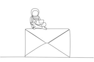 Single continuous line drawing young astronaut sitting on giant email typing laptop. Send invitations to meet online with the team on earth discussing expedition. One line design vector illustration