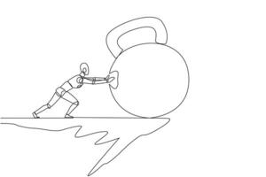 Single one line drawing robot pushes the large kettlebell down from the edge of the cliff. Exercise increases power. Future technology development concept. Continuous line design graphic illustration vector