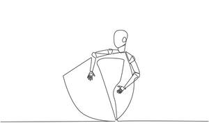 Single one line drawing robot hugging shield. Robots protect websites, online applications and computer laptops from hackers or viruses. Machine learning. Continuous line design graphic illustration vector