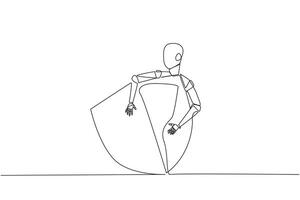 Single one line drawing robot hugging shield. Robots protect websites, online applications and computer laptops from hackers or viruses. Machine learning. Continuous line design graphic illustration vector