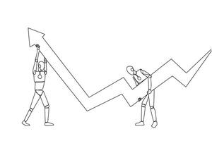 soltero continuo línea dibujo dos robots participación un grande flecha cuadro. con su trabajo en equipo ellos esperanza ese el grafico será siempre ser en creciente condición. futuro tecnología uno línea diseño vector ilustración