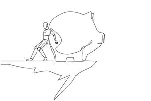 Single one line drawing robot pushes a giant piggy bank down from the edge of cliff. Wasting money. Future technology development. Artificial intelligence. Continuous line design graphic illustration vector