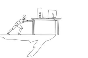 Continuous one line drawing robot pushes down a table containing a laptop and monitor from the edge of cliff. Robotic artificial intelligence. Future tech. Single line draw design vector illustration