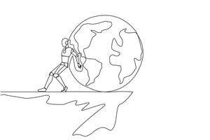 Single continuous line drawing robot pushes a large globe down on its back from the edge of cliff. Robots conquer the world. Future technology development. AI tech. One line design vector illustration