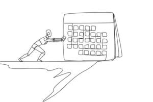 Continuous one line drawing robot pushes a giant desk calendar down from the edge of cliff. Many trials of robots fail every month. Future robotic. AI tech. Single line draw design vector illustration