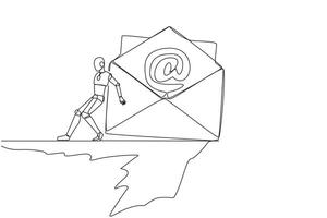 Continuous one line drawing robot pushes a large email icon down with its back from the edge of cliff. Throw away spam emails to the bottom of steep cliff. Single line draw design vector illustration