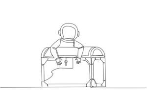 Single continuous line drawing young astronaut hugging treasure chest. Securing the chest, because there could be a lot of gold pieces inside. Richest astronaut. One line design vector illustration