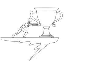 Single one line drawing robot pushes the giant trophy from the edge of the cliff. Wasting the chance to become a champion. Robotic artificial intelligence. Continuous line design graphic illustration vector