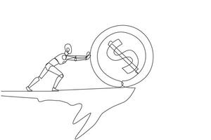 Single one line drawing robot pushes giant coin sign dollar down from the edge of the cliff. Robotic artificial intelligence. Electronic technology concept. Continuous line design graphic illustration vector