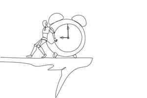 Single continuous line drawing robot pushes giant alarm clock down the edge of the cliff. Robotic artificial intelligence. Future technology development concept. One line design vector illustration