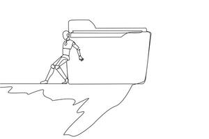 Continuous one line drawing robot pushes a large folder down on its back from the edge of cliff. Smart robot creation archive. Future technology concept. Single line draw design vector illustration