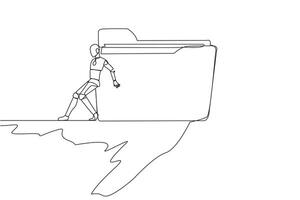 Continuous one line drawing robot pushes a large folder down on its back from the edge of cliff. Smart robot creation archive. Future technology concept. Single line draw design vector illustration