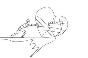 Single continuous line drawing robot pushes the symbol of giant broken heart from the edge of the cliff. Throw away broken hearts. No grudges. Future technology AI. One line design vector illustration