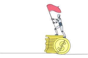 Single continuous line drawing of robotic artificial intelligence standing on giant stack of coins holding fluttering flag. Future technology robot development. One line design vector illustration