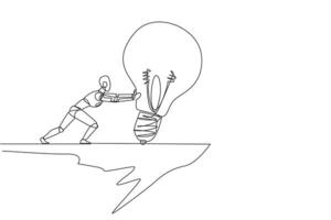 Single one line drawing robot pushes down giant lightbulb from the edge of a cliff. Throw away brilliant ideas. Robotic artificial intelligence concept. Continuous line design graphic illustration vector