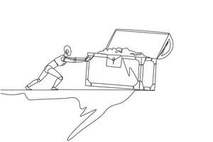 Continuous one line drawing robot pushes open giant treasure chest down from the edge of the cliff. Robot isn't greedy. Future robotic development concept. Single line draw design vector illustration