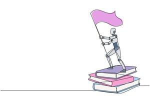 continuo uno línea dibujo robots en pie en pilas de gigante libros participación bandera. artificial inteligencia lata hacer robot a leer el libro acerca de negocio. soltero línea dibujar diseño vector ilustración