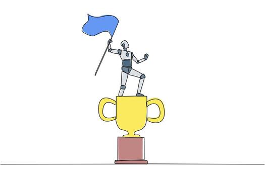 soltero uno línea dibujo de robótico artificial inteligencia en pie en grande trofeo participación revoloteando bandera. futuro tecnología desarrollo. máquina aprendiendo. continuo línea diseño gráfico ilustración vector