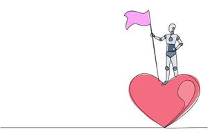 soltero uno línea dibujo de robot en pie en gigante símbolo corazón participación bandera de victoria. robot me gusta un hombre quien lata haciendo caridad. futuro robótico elegante. continuo línea diseño gráfico ilustración vector