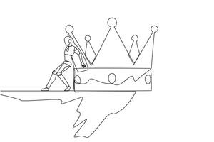 Continuous one line drawing robot pushes a large crown down on its back from the edge of the cliff. Throneless robot. Future technology development concept. Single line draw design vector illustration