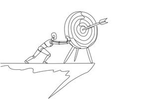 Single one line drawing robot pushes the large arrow board target from the edge of cliff. Aimless. No focus. Robotic artificial intelligence. Future tech. Continuous line design graphic illustration vector