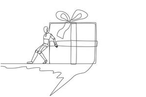 Single continuous line drawing robot pushes the large gift box down with its back from the edge of cliff. Throwing gifts for children under the cliff. Future AI. One line design vector illustration