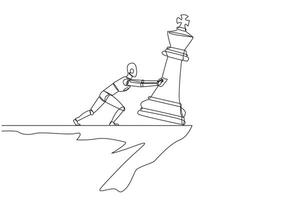 Single continuous line drawing robot pushes down a large chess piece of king from the edge of a cliff. The collapse of the last king. Future technology concept. One line design vector illustration