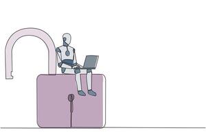 Single continuous line drawing robotic artificial intelligence sitting on big open padlock typing laptop. Hacker robots hack multiple accounts for abuse. Criminal. One line design vector illustration