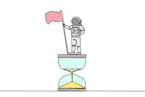 continuo uno línea dibujo joven energético astronauta en pie en gigante reloj de arena participación revoloteando bandera. expedición en Marte es acercándose el final de el trabajar. soltero línea diseño vector ilustración