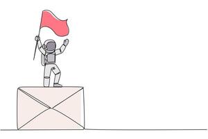 Single one line drawing young astronaut standing on giant email icon holding fluttering flag. Received an email from the team on earth to quickly complete expedition. Continuous line design graphic vector