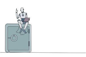 Single one line drawing robotic artificial intelligence sitting on giant safe deposit box holding laptop raise one hand. Robots also have a role to guard valuable items. Continuous line design graphic vector