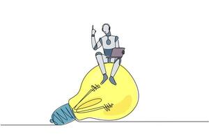 Single one line drawing robotic artificial intelligence sitting on giant lightbulb holding laptop raise one hand. Future technology development concept. Continuous line design graphic illustration vector