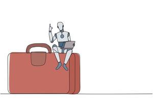 Continuous one line drawing robotic artificial intelligence sitting on giant briefcase holding laptop raise one hand. Programming robots can travel on business. Single line design vector illustration