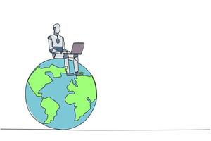 Continuous one line drawing robotic artificial intelligence sitting on giant globe typing laptop. Electronic technology industry development. Future tech. Single line draw design vector illustration