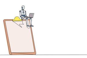 Single continuous line drawing robotic artificial intelligence sitting on giant clipboard typing laptop. Modern robot double-check work. Technology future concept. One line design vector illustration