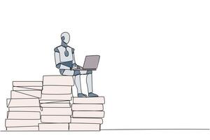 Single one line drawing robotic artificial intelligence sitting on pile of giant documents typing laptop. Robot scanning old documents to save in soft copy format. Continuous line graphic illustration vector
