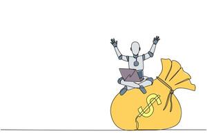 Single continuous line drawing robotic artificial intelligence sitting on giant money bag holding laptop raise both hands. Successful robotic. Future technology. One line design vector illustration