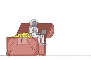 soltero continuo línea dibujo joven energético astronauta sentado en abierto gigante tesoro cofre mecanografía ordenador portátil. hallazgo tesoro cofres en el superficie de el Luna. uno línea diseño vector ilustración