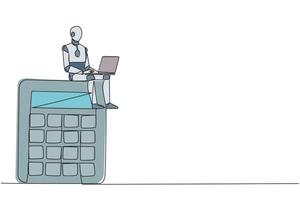 continuo uno línea dibujo de robótico artificial inteligencia sentado en gigante calculadora mecanografía en ordenador portátil. moderno robot análisis financiero. electrónico tecnología industria. soltero línea diseño vector