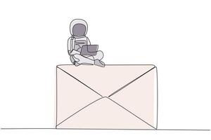 Single continuous line drawing young astronaut sitting on giant email typing laptop. Send invitations to meet online with the team on earth discussing expedition. One line design vector illustration