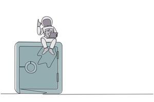 Single continuous line drawing young energetic astronaut sitting on giant safe deposit box holding laptop raise one hand. Store expedition data in a safe place. One line design vector illustration