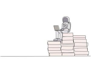 Single one line drawing young energetic astronaut sitting on pile of giant papers typing laptop. Write daily notes during the expedition. Galaxy space. Continuous line design graphic illustration vector