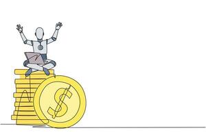 Single continuous line drawing robotic artificial intelligence sitting on stack of giant coins sign dollar holding laptop raise both hands. Robot collecting money. One line design vector illustration