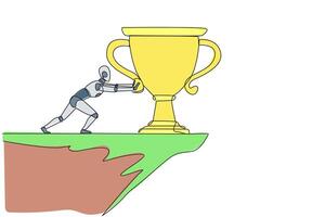 Single one line drawing robot pushes the giant trophy from the edge of the cliff. Wasting the chance to become a champion. Robotic artificial intelligence. Continuous line design graphic illustration vector