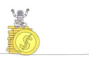 Single continuous line drawing young astronaut sitting on stack of giant coins holding laptop raise both hands. The joy of collecting lots of coins on the surface of moon. One line vector illustration