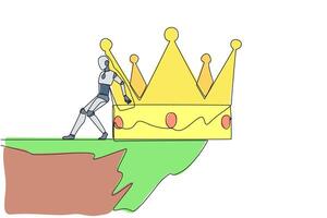 Continuous one line drawing robot pushes a large crown down on its back from the edge of the cliff. Throneless robot. Future technology development concept. Single line draw design vector illustration