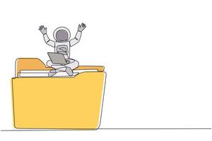 Single one line drawing young energetic astronaut sitting on giant folder holding laptop raise both hands. Delight in the success of fixing the broken expedition data. Continuous line design graphic vector