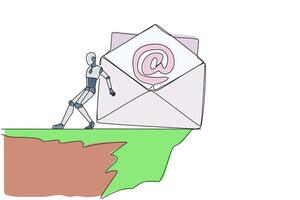 Continuous one line drawing robot pushes a large email icon down with its back from the edge of cliff. Throw away spam emails to the bottom of steep cliff. Single line draw design vector illustration