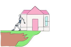 Continuous one line drawing robot pushes miniature house down with its back from the edge of the cliff. Robot training house. Future technology development. Single line draw design vector illustration