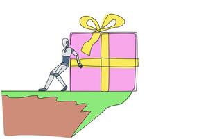 Single continuous line drawing robot pushes the large gift box down with its back from the edge of cliff. Throwing gifts for children under the cliff. Future AI. One line design vector illustration